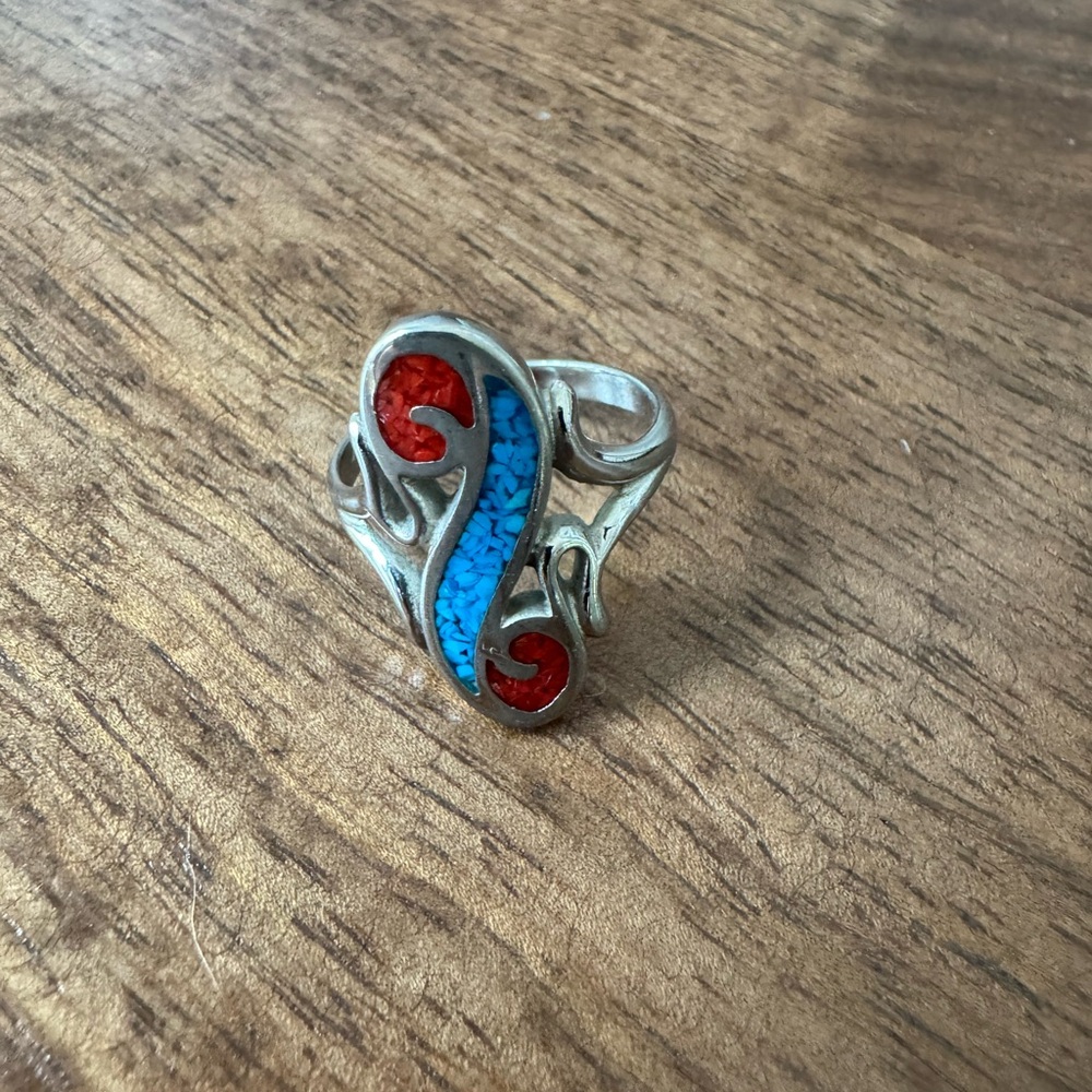 Sterling Silver Red and Turquoise Inlay Swirl Ring size 7